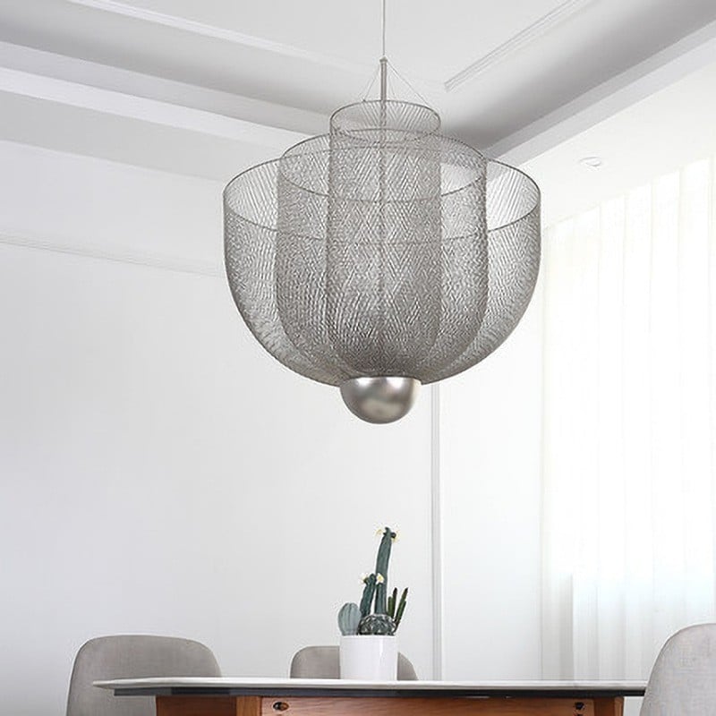 Mid-Century Style Tiered Meshmatics Metal Chandelier With Mesh Lampshade For Living Room