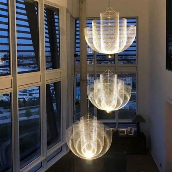 Mid-Century Style Tiered Meshmatics Metal Chandelier With Mesh Lampshade For Living Room