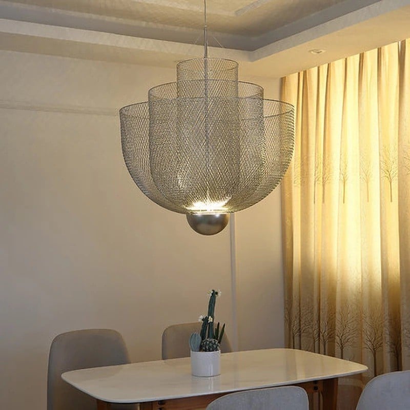 Mid-Century Style Tiered Meshmatics Metal Chandelier With Mesh Lampshade For Living Room