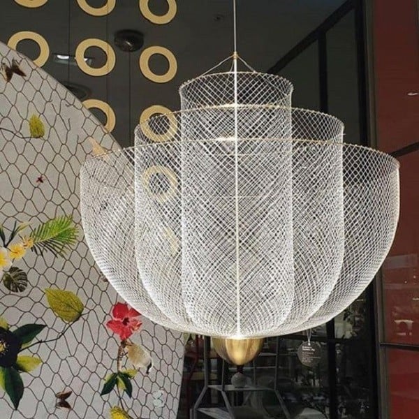 Mid-Century Style Tiered Meshmatics Metal Chandelier With Mesh Lampshade For Living Room