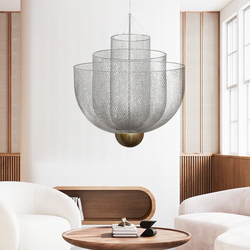 Mid-Century Style Tiered Meshmatics Metal Chandelier With Mesh Lampshade For Living Room