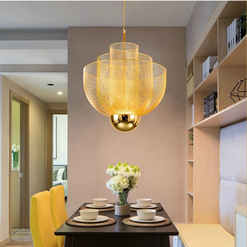 Mid-Century Style Tiered Meshmatics Metal Chandelier With Mesh Lampshade For Living Room