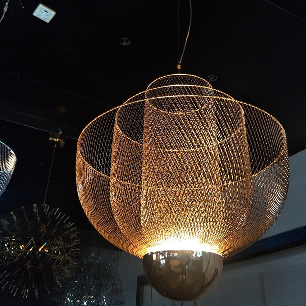 Mid-Century Style Tiered Meshmatics Metal Chandelier With Mesh Lampshade For Living Room