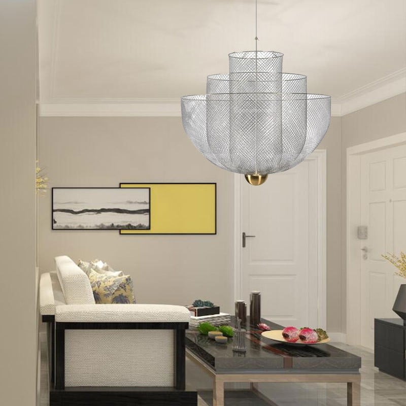 Mid-Century Style Tiered Meshmatics Metal Chandelier With Mesh Lampshade For Living Room
