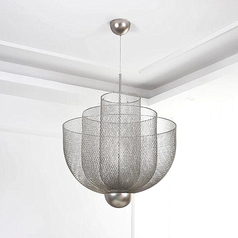 Mid-Century Style Tiered Meshmatics Metal Chandelier With Mesh Lampshade For Living Room