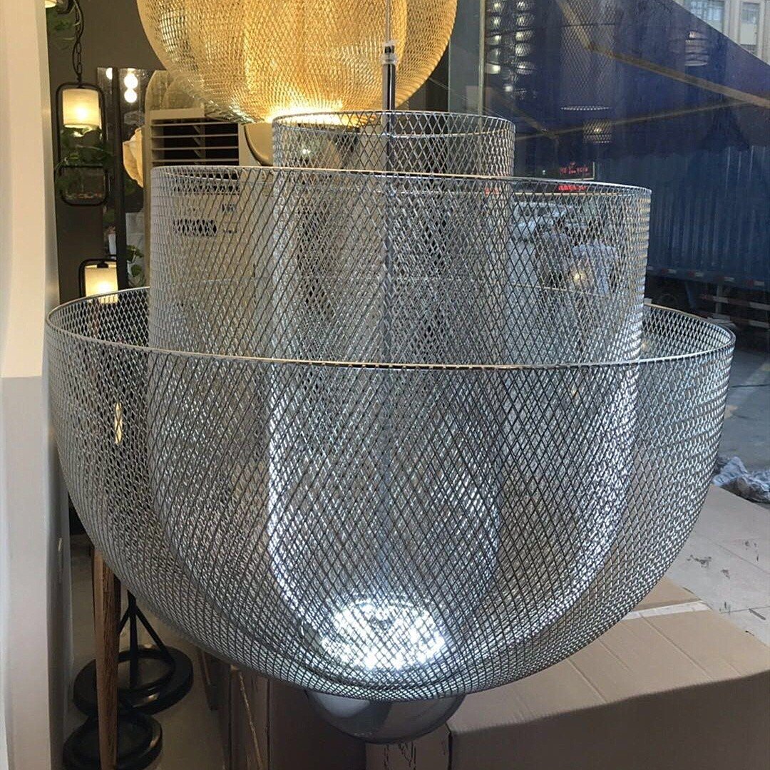Mid-Century Style Tiered Meshmatics Metal Chandelier With Mesh Lampshade For Living Room